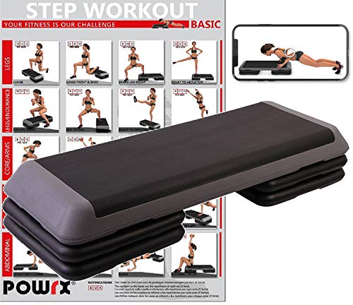 POWRX Step fitness/aerobic escalón XXL (110 x 42 cm) - Stepper gimnasio ideal para ejercicios de Body Pump - Altura regulable y superficie antideslizante + PDF workout (Negro/Gris)