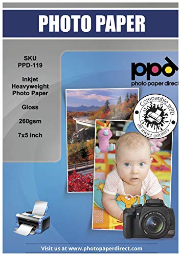 PPD Inkjet - 5 x 7” (aprox. 13 x 18 cm) x 100 Hojas de Papel Fotográfico Brillante 260 g/m² - Calidad Premium - Secado Instantáneo - Para Impresión de Inyección de Tinta - PPD-119-100