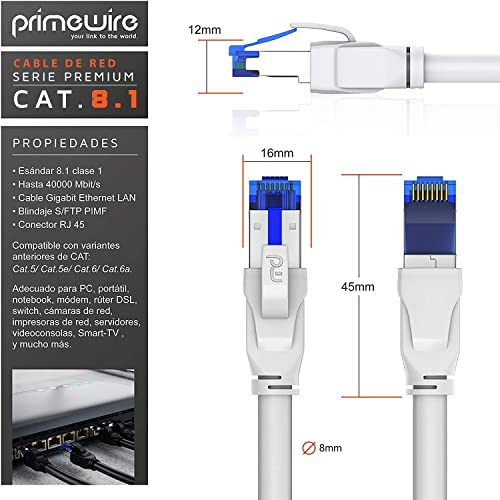 Primewire- 10m cable de red CAT.8 40 Gbits - S FTP PIMF - Switch Router Modem Access Point - Cable Ethernet LAN fibra óptica