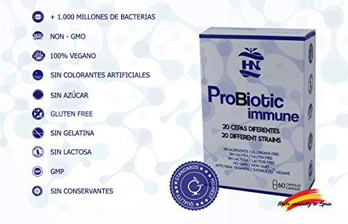 Probiótic immune con 20 cepas de Probioticos y prebioticos intestinales - Fórmula vegana 100 Billones de probioticos intestinales - Mejora la flora intestinal - 60 cápsulas (2 meses de duración)