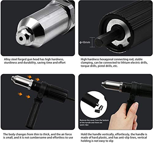 Professional Electric Rivet Gun Adapter Kit Drill Adapter,Cordless Drill Riveting Insert Nut Tool,Electric Drill Riveter Adapter Riveting Gun Tool Kit Insert Nut Hand Power Tool