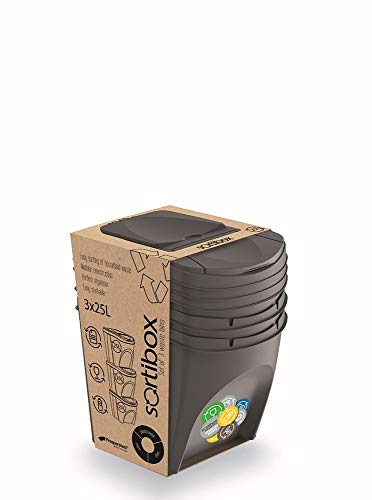 Prosperplast ZA906 - Juego de 3 Cubos de Reciclaje, Plástico, 25 L, 24 x 40 x 33.7 cm, Color Gris