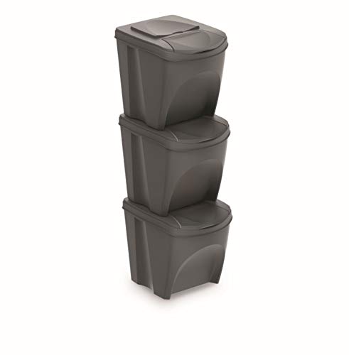 Prosperplast ZA906 - Juego de 3 Cubos de Reciclaje, Plástico, 25 L, 24 x 40 x 33.7 cm, Color Gris