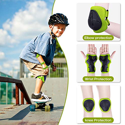 Protecciones Niños Conjuntos, Ajustable Coderas y Rodilleras para Niños, 6 en 1 Muñequeras Conjuntos de Patinaje Infantil Juego para Skate Ciclismo Patinaje Monopatín Bicicleta Skate Rodilleras Verde