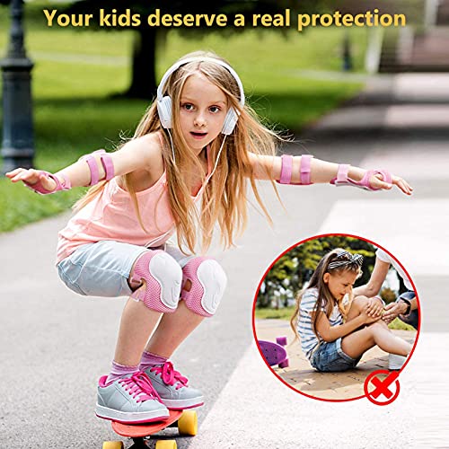 Protecciones Patines niño,Rodilleras Ajustables 6 en 1,Almohadillas para Rodillas,Protecciones Bicicleta,Set de Protección Patinaje Infantil,Rodilleras Bicicleta Rodilleras Coderas Muñequeras (Rosa)