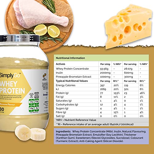 Proteína de Suero de Leche Sabor Plátano - ¡30 Raciones! - Apto para vegetarianos - 900gr - SimplySupplements