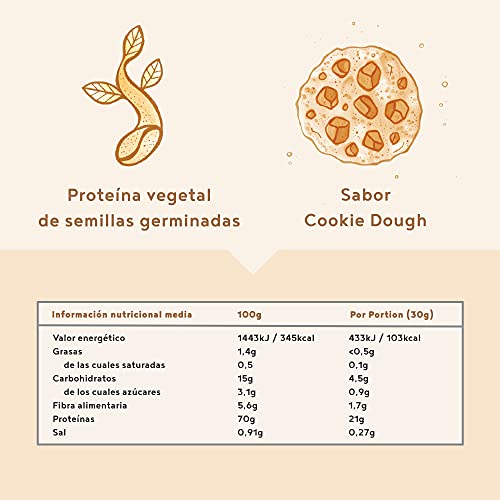 Proteina Vegana - COOKIE DOUGH - Proteinas vegetal de soja, arroz, guisantes, amaranto, semillas de lino, de girasol y de calabaza germinadas - 600 g en polvo con sabor a masa de galletas