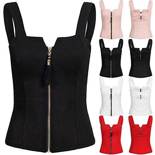 Proumy Camisola Negra Mujer con Cremallera Bustier Sólido Corsé con Tirantes Blusa sin Manga Camiseta Apretada Camisa Elegante Vestido Espalda Abierta Tank Top con Cordón de Talla Grande