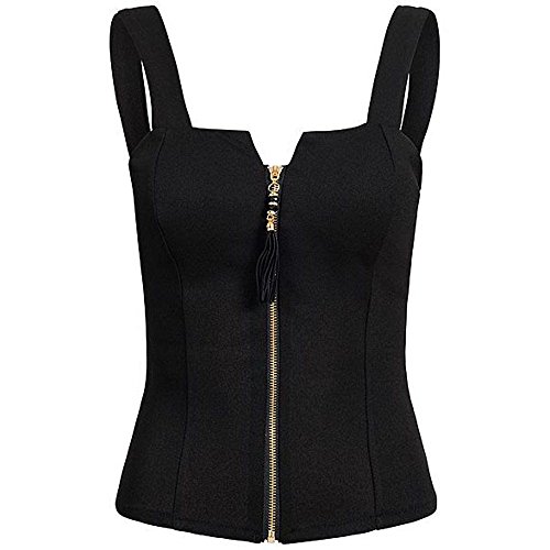 Proumy Camisola Negra Mujer con Cremallera Bustier Sólido Corsé con Tirantes Blusa sin Manga Camiseta Apretada Camisa Elegante Vestido Espalda Abierta Tank Top con Cordón de Talla Grande