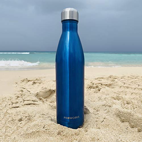 Proworks Botellas de Agua Deportiva de Acero Inoxidable | Cantimplora Termo con Doble Aislamiento para 12 Horas de Bebida Caliente y 24 Horas de Bebida Fría - Libre de BPA - 500ml – Azul Metalizado