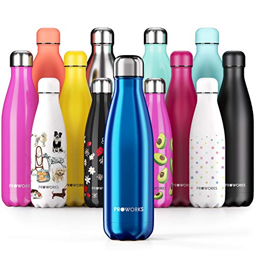 Proworks Botellas de Agua Deportiva de Acero Inoxidable | Cantimplora Termo con Doble Aislamiento para 12 Horas de Bebida Caliente y 24 Horas de Bebida Fría - Libre de BPA - 500ml – Azul Metalizado