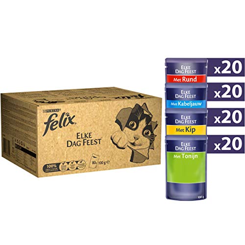 Purina Felix Le Ghiottonerie - Comida húmeda para Gatos con Berenjena, Pollo, Bacalao y atún, 80 Bolsas de 100 g