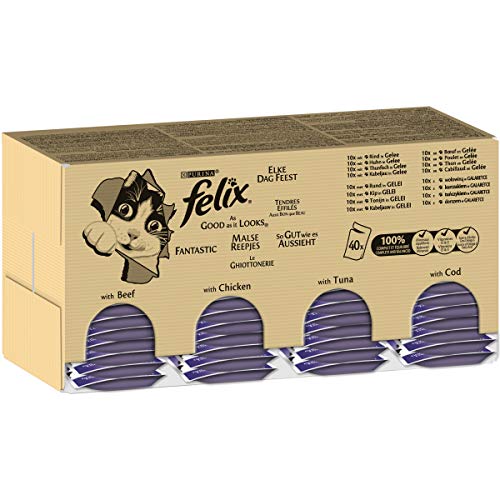 Purina Felix Le Ghiottonerie - Comida húmeda para Gatos con Berenjena, Pollo, Bacalao y atún, 80 Bolsas de 100 g