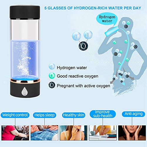 PYMQSM Máquina de Agua de hidrógeno Generador de Botellas Taza de 380 ml Portátil SPE Carga USB 700‑1000ppm Negro