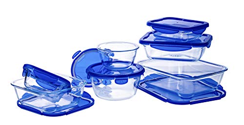 Pyrex Cook & Go Set de 7 Recipientes con Tapa 100 % Hermética, Azul, 30x30x20 cm