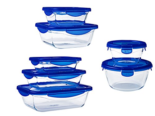 Pyrex Cook & Go Set de 7 Recipientes con Tapa 100 % Hermética, Azul, 30x30x20 cm