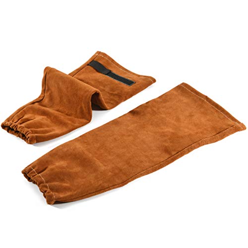 QeeLink Mangas de Soldador de Cuero de la Vaca para Hombre y Mujer, Forro Antiadherente, Mangas Protectoras de Brazos Resistentes al Calor e Ignífugas para Soldadura Jardinería (Brown)