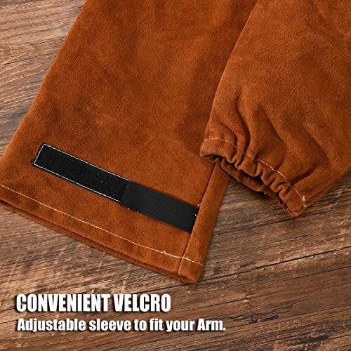 QeeLink Mangas de Soldador de Cuero de la Vaca para Hombre y Mujer, Forro Antiadherente, Mangas Protectoras de Brazos Resistentes al Calor e Ignífugas para Soldadura Jardinería (Brown)