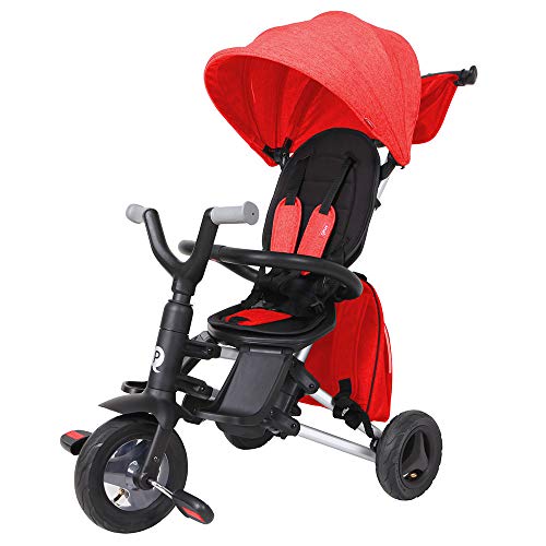 QPLAY - Triciclo Bebe Nova+ - Evolutivo - Plegable - Arnés de Seguridad - Capota con protección UV - Ideal para niños de 10 a 36 Meses (máximo 25 Kg) (Rojo)