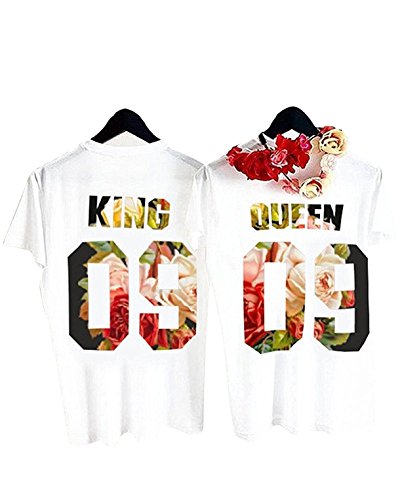 Queque Shine Camiseta King Queen T-Shirt Impresión 01 2 Piezas de Manga Corta Rey Reina Regalo de Camisa Casual para Amante (Queen 09, S)
