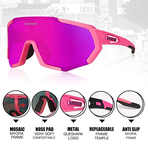 Queshark Gafas Ciclismo CE Certification 1 Polarizadas 4 HD Lentes Intercambiables UV 400 Gafas,Corriendo,Moto MTB Bicicleta Montaña,Camping y Actividades al Aire Libre para Hombres y Mujeres TR-90