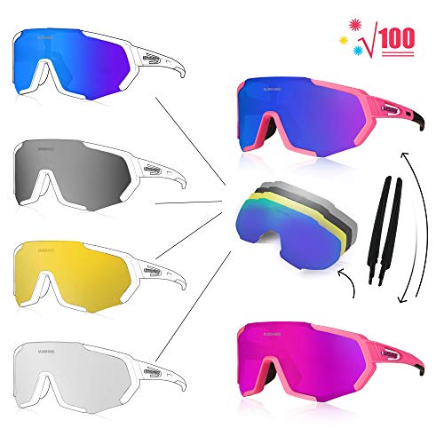 Queshark Gafas Ciclismo CE Certification 1 Polarizadas 4 HD Lentes Intercambiables UV 400 Gafas,Corriendo,Moto MTB Bicicleta Montaña,Camping y Actividades al Aire Libre para Hombres y Mujeres TR-90