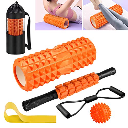 Qveetry Foam Roller, 6 en 1 Rodillo Masaje Muscular con Palos de Masaje, Bolas de Masaje, Bandas de Resistencia para Masaje Muscular, Punto de activación, Rodillo de Yoga Pilates