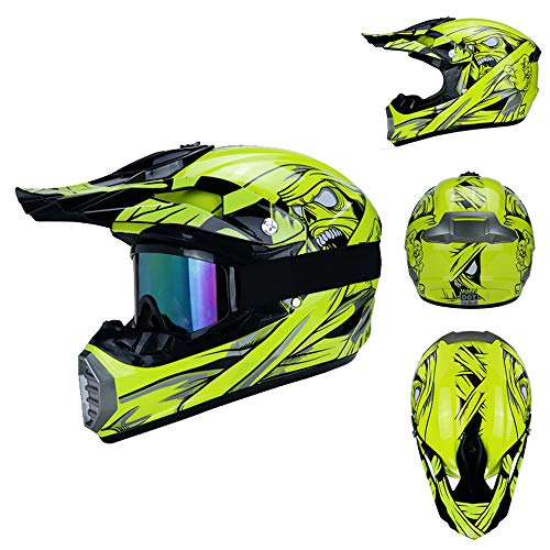 QYTK® Casco Motocross Niño Amarillo, MT-56 Full Face Motorcycle Cross Helmet Casco Motocicleta con Gafas Guantes Mascarilla, Al Aire Libre Motorbike ATV MTB Racing Seguridad Set,M(54~55CM)