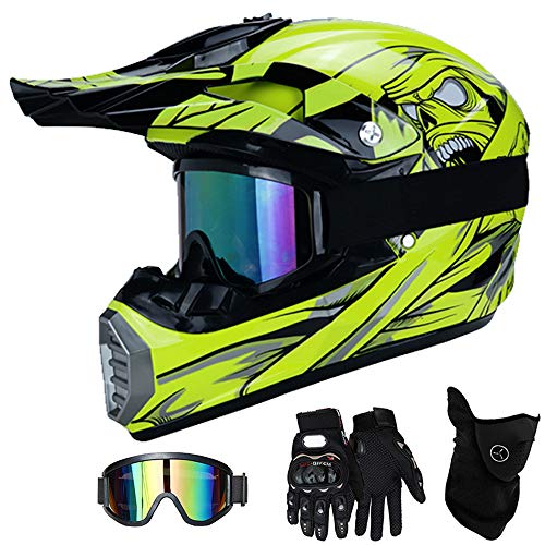 QYTK® Casco Motocross Niño Amarillo, MT-56 Full Face Motorcycle Cross Helmet Casco Motocicleta con Gafas Guantes Mascarilla, Al Aire Libre Motorbike ATV MTB Racing Seguridad Set,M(54~55CM)