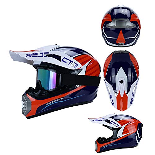 QYTK® Casco Motocross Niño Azul Blanco Rojo, MT-54 Full Face Motorcycle Cross Helmet Casco Motocicleta con Gafas Guantes Mascarilla, Al Aire Libre Motorbike ATV MTB Racing Seguridad Set,XL(57~59CM)