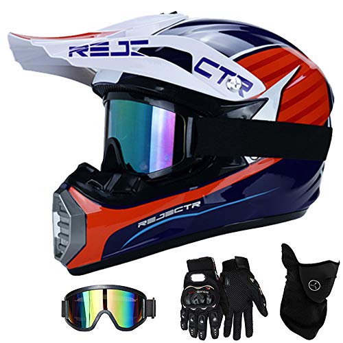 QYTK® Casco Motocross Niño Azul Blanco Rojo, MT-54 Full Face Motorcycle Cross Helmet Casco Motocicleta con Gafas Guantes Mascarilla, Al Aire Libre Motorbike ATV MTB Racing Seguridad Set,XL(57~59CM)