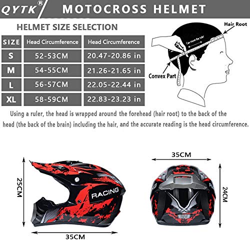 QYTK® Casco Motocross Niño Rojo Negro, MT-51 Full Face Motorcycle Cross Helmet Casco Motocicleta con Gafas Guantes Mascarilla, Al Aire Libre Motorbike ATV MTB Racing Seguridad Set,M(54~55CM)