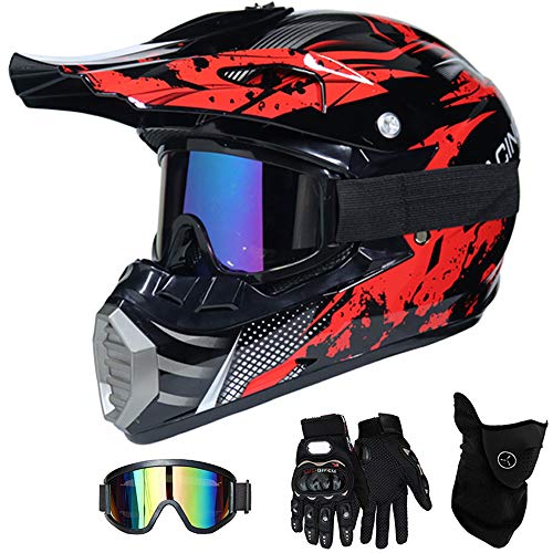 QYTK® Casco Motocross Niño Rojo Negro, MT-51 Full Face Motorcycle Cross Helmet Casco Motocicleta con Gafas Guantes Mascarilla, Al Aire Libre Motorbike ATV MTB Racing Seguridad Set,M(54~55CM)