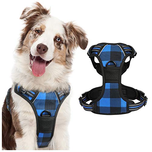 rabbitgoo Arnes Perro Grande Mediano Pequeño Arnés Pecho Antitirones Perros Coche con Lineas Reflectantes Cómodo Transpirable Chaleco Acolchado Ajustable para Adiesreamiento,Cudros Escoceses Azul L