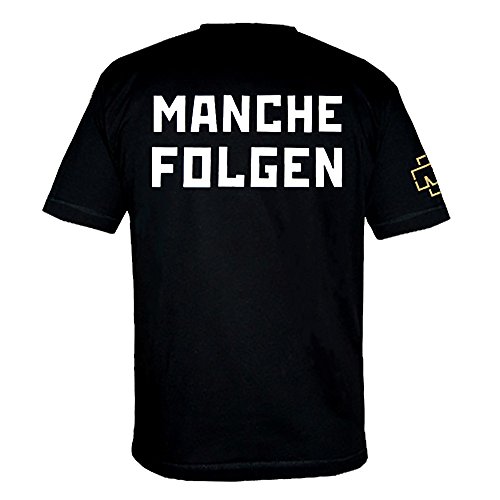 Rammstein Camiseta para hombre con texto en alemán "Manche führen Manche Führen Manche Folgen", color negro con parte delantera y trasera impresa Negro S