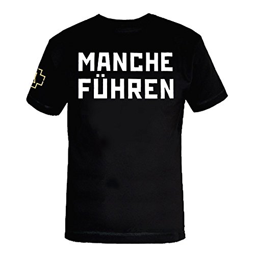 Rammstein Camiseta para hombre con texto en alemán "Manche führen Manche Führen Manche Folgen", color negro con parte delantera y trasera impresa Negro S