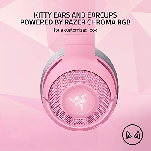 Razer Kraken Bluetooth Kitty - Auriculares inalámbricos para Juegos (Orejas de Gato inalámbricas con iluminación Chroma RGB, micrófono Beamforming, Controlador de 40 mm) Rosa/Cuarzo