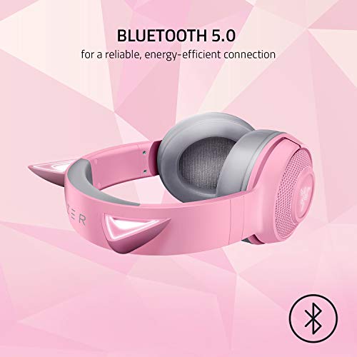 Razer Kraken Bluetooth Kitty - Auriculares inalámbricos para Juegos (Orejas de Gato inalámbricas con iluminación Chroma RGB, micrófono Beamforming, Controlador de 40 mm) Rosa/Cuarzo