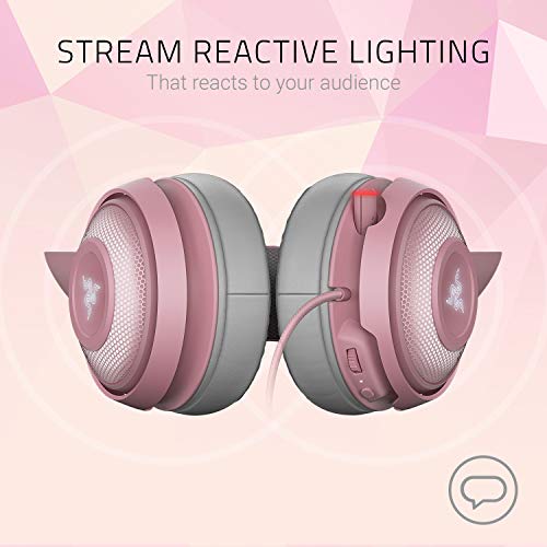 Razer Kraken Kitty - Auriculares para juegos, tipo oreja de gato con iluminación cromática RGB, micrófono con reducción activa de ruido, audio espacial THX, controles en el auricular, Rosa (Quartz)