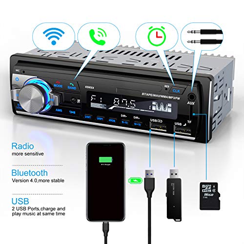 RDS Autoradio Bluetooth Manos Libres Radios de Coche por Plástico y Aleación de Aluminio, Lifelf Radio Estéreo 4 x 65 W 1 DIN con Reproductor de MP3, Control Remoto WMA FM, Dos Puertos USB