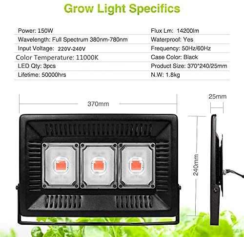 Relassy Lámpara de Planta 150W, COB LED Cultivo Full Spectrum Lámpara de Crecimiento, IP67 Lámpara de Cultivo Impermeable para Invernadero, Plantas de Interior, Hidroponía