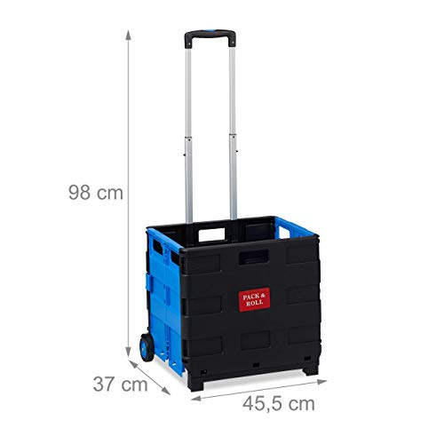 Relaxdays Carrito Compra Plegable, 2 Ruedas, Caja Transporte, hasta 35 kg, 98 x 45,5 x 37 cm, Plástico-Aluminio, Azul