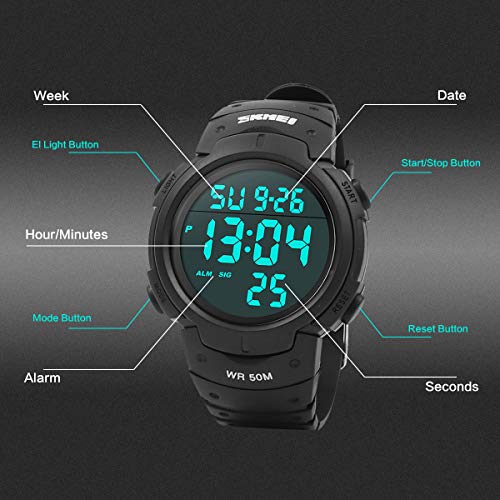 Reloj Digital Hombre，Welltop Reloj Deportivo Hombre Reloj cronometro con Temporizador de Alarma, dial Grande，Impermeable al Aire Libre Reloj Deportivo Hombre con retroiluminación LED (Negro)