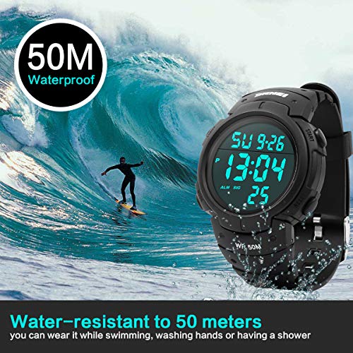 Reloj Digital Hombre，Welltop Reloj Deportivo Hombre Reloj cronometro con Temporizador de Alarma, dial Grande，Impermeable al Aire Libre Reloj Deportivo Hombre con retroiluminación LED (Negro)