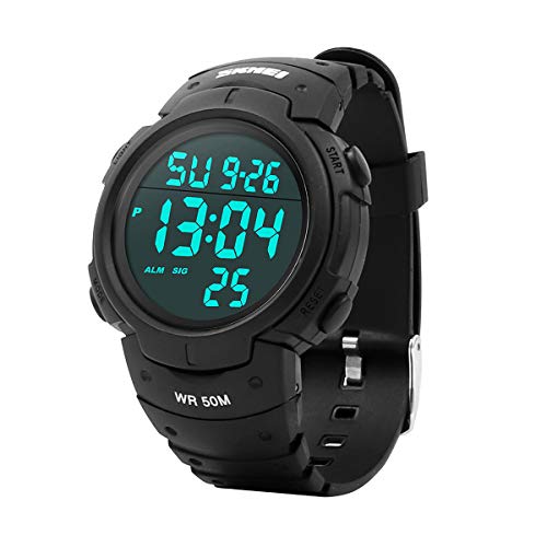 Reloj Digital Hombre，Welltop Reloj Deportivo Hombre Reloj cronometro con Temporizador de Alarma, dial Grande，Impermeable al Aire Libre Reloj Deportivo Hombre con retroiluminación LED (Negro)