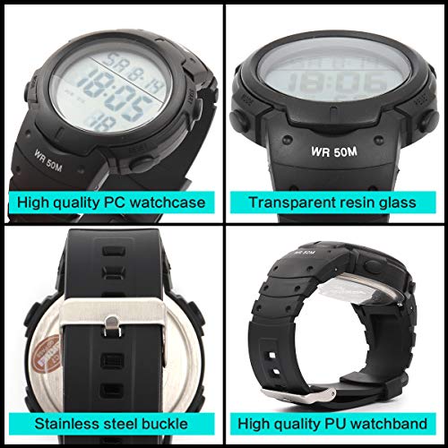 Reloj Digital Hombre，Welltop Reloj Deportivo Hombre Reloj cronometro con Temporizador de Alarma, dial Grande，Impermeable al Aire Libre Reloj Deportivo Hombre con retroiluminación LED (Negro)