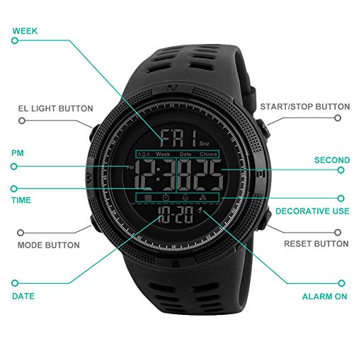 Reloj Digital para Hombre - Relojes Deportivo a Prueba de Agua para Hombre 50M, Reloj Militar Negro de Gran Cara LED con Alarma/Temporizador de Cuenta Regresiva/Cronómetro / 12 / 24H para Hombre