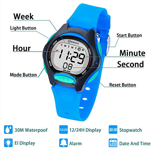 Reloj Digital para Niños Niña,Chicos Chicas 50M(5ATM) Impermeabl Deportes al Aire Libre LED Multifuncionales Relojes de Pulsera con Alarma para Niños,Niñas (Azul-8207)