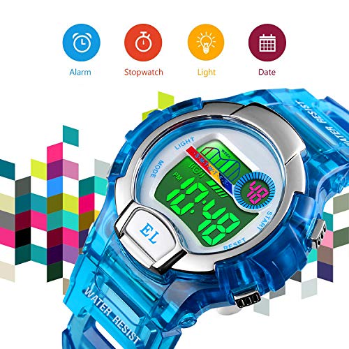 Relojes de Pulsera Digitales para niños niñas, 5ATM Reloj Deportivo a Prueba de Agua para niños con Alarma/LED Luminoso Relojes de Pulsera Digitales para niños, cumpleaños Azul