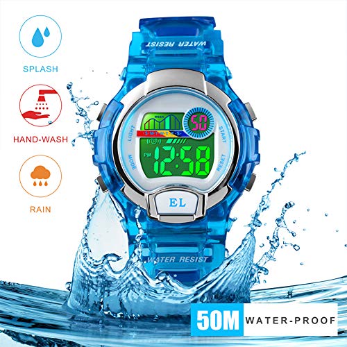 Relojes de Pulsera Digitales para niños niñas, 5ATM Reloj Deportivo a Prueba de Agua para niños con Alarma/LED Luminoso Relojes de Pulsera Digitales para niños, cumpleaños Azul